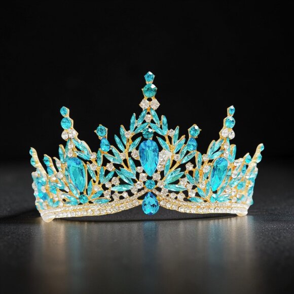 bridal headpiece, ocean blue crystal, princess tiara, gold tiara, fairy crown main image 6